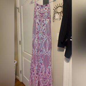 Jump Resort Halter Maxi Prom Dress in Purple and White